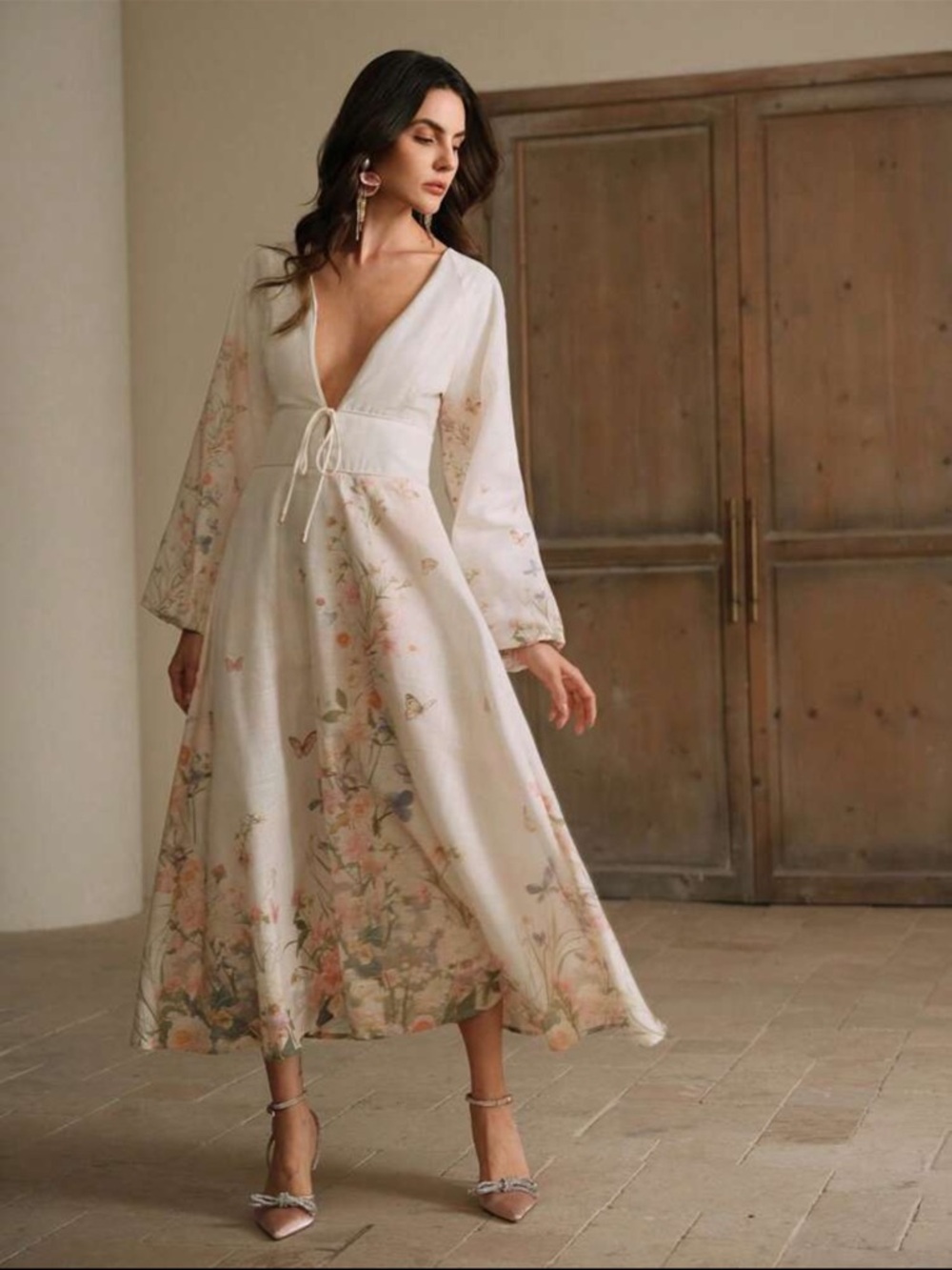 Floral Tie-Front Maxi Slip Dress in Ivory and Pink